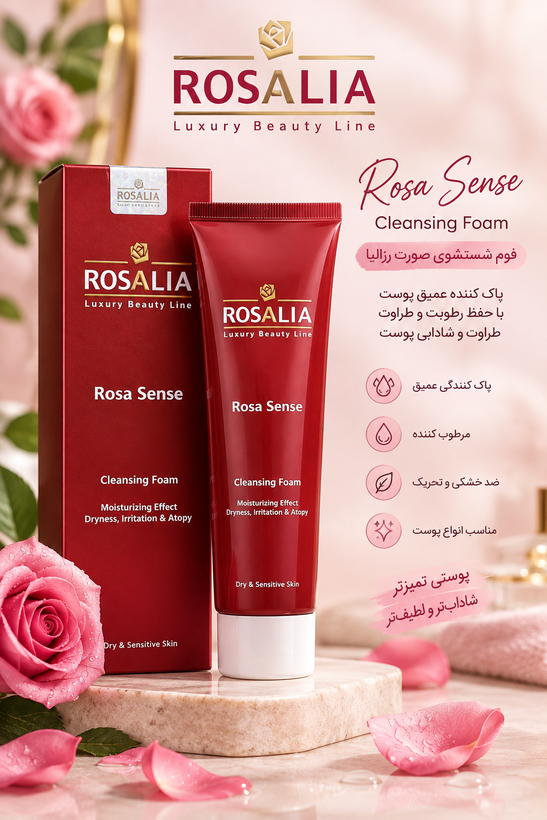 فوم شستشو صورت رزالیا مدلRose Senseمناسب پوست خشک و حساس حجم 150میل